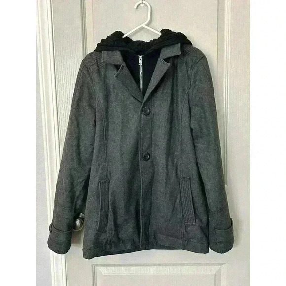 Men’s Wool Blend BKE Grey Pea Coat Slim Fit Medium W/Removable Hood. Heavy, Warm - Picture 1 of 16